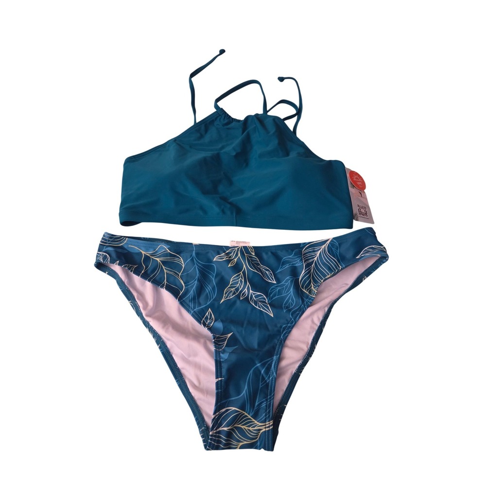 Charmo Womens High Neck Bikini Set Teal Blue Leaf Print UPF 50+ Swimsuit XL NWT
